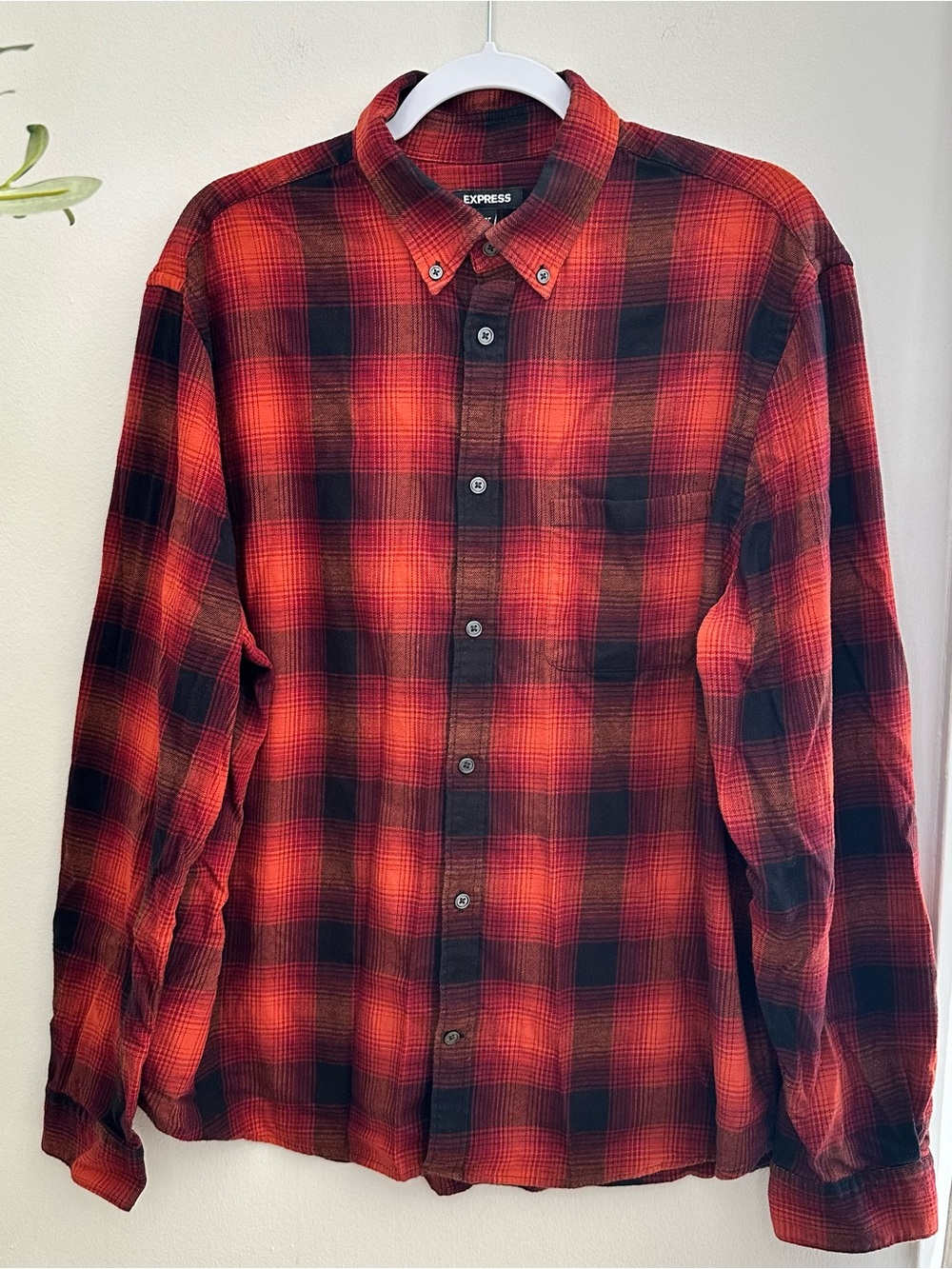 Men's Express Orange and Black Plaid Button-Front Flannel Shirt XL